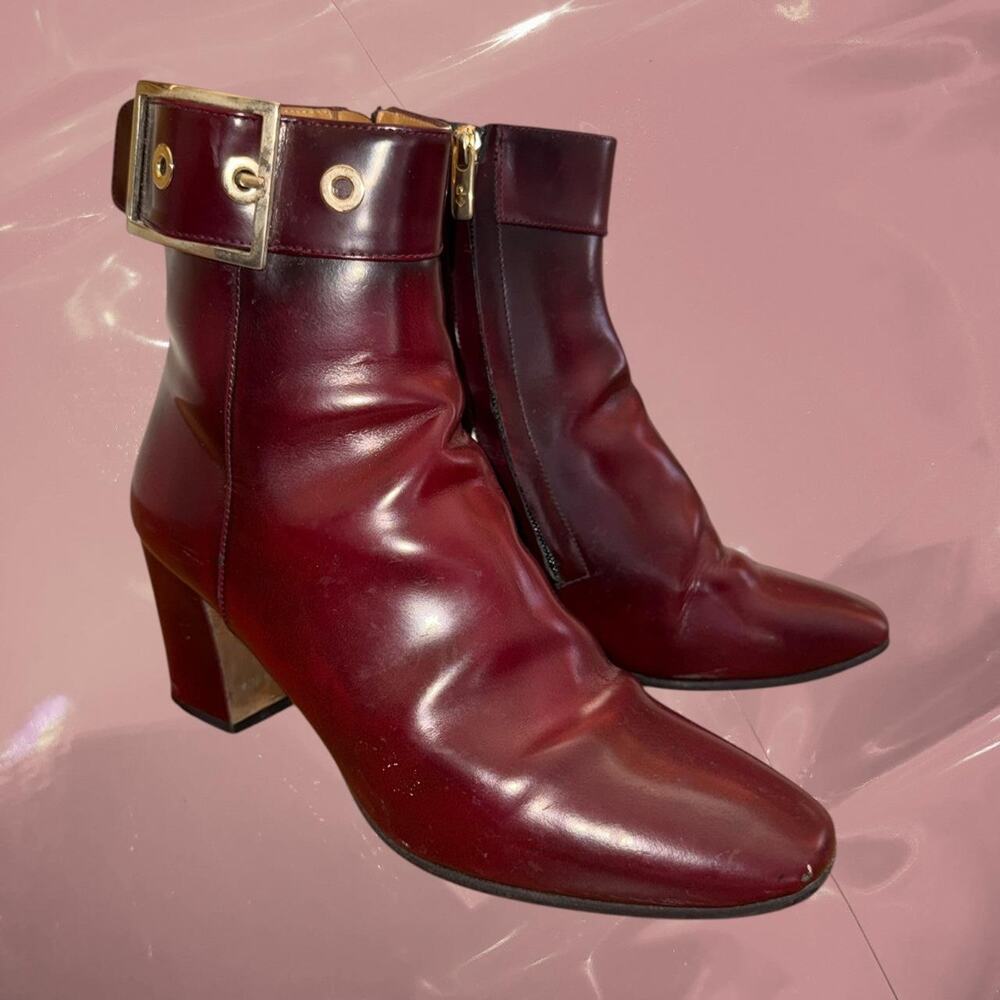 Vintage Y2K patricia spain burgundy leather ankle boots block heel gold buckle